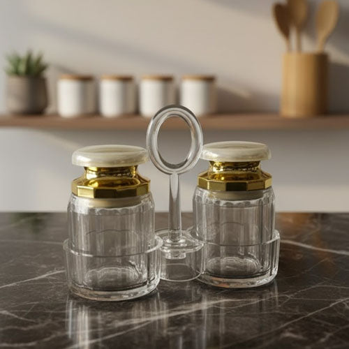 Elegant 2-Piece Glass Salt and Pepper Shaker Set with Accents and Caddy