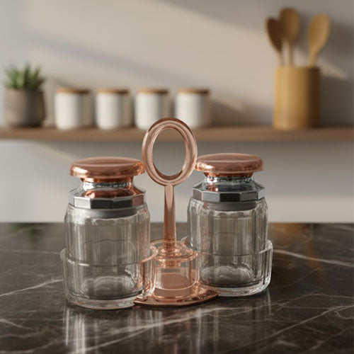 Elegant 2-Piece Glass Salt and Pepper Shaker Set with Accents and Caddy