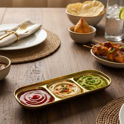 Deluxe Gold 3-Compartment Serving Dish | Divided Appetizer and Dip Platter