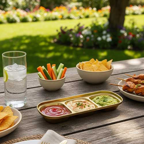 Deluxe Gold 3-Compartment Serving Dish | Divided Appetizer and Dip Platter