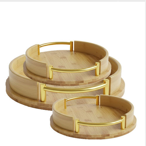 3-Piece Nesting Bamboo Serving Tray Set with Elegant Gold Handles