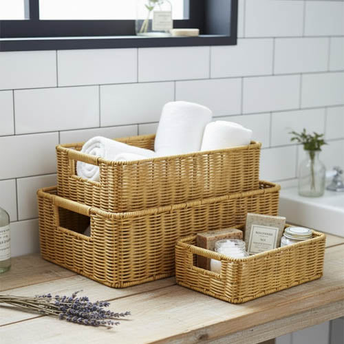 3-Piece Hand-Woven Rattan-Look Storage Basket Set with Handles | Kitchen & Pantry Organizer