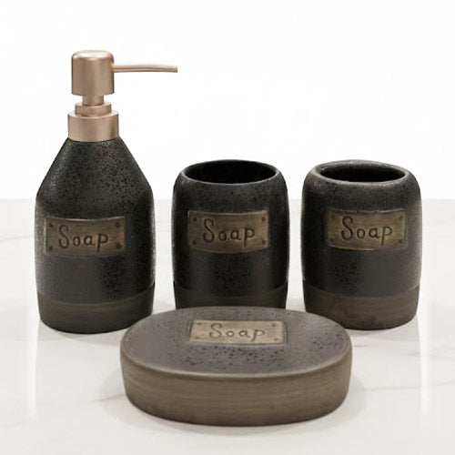 4-Piece Rustic Farmhouse Speckled Ceramic Bathroom Set | Labeled Vanity Organizer with Copper Accents