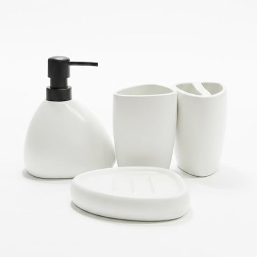 Abstract Modern Ceramic Bathroom Set - 4 Piece Organic Shape Vanity Accessories - Matte White Sculptural Soap Dispenser & Holders