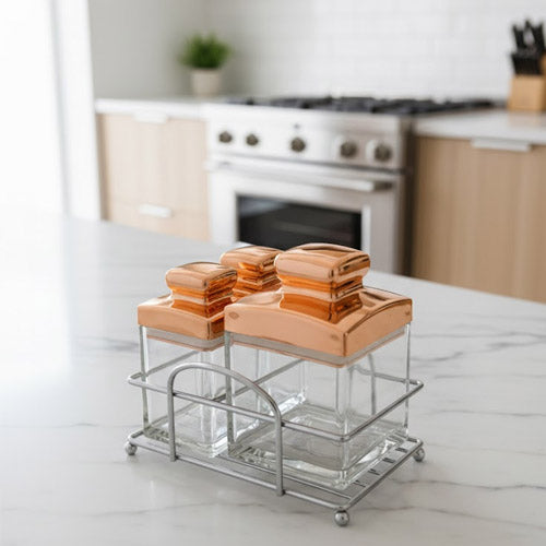 3-Piece Square Glass Spice Jar Set with Copper Lids and Chrome Organizer Rack