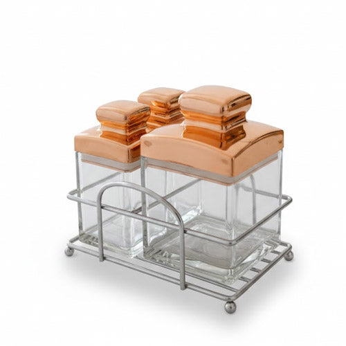 3-Piece Square Glass Spice Jar Set with Copper Lids and Chrome Organizer Rack