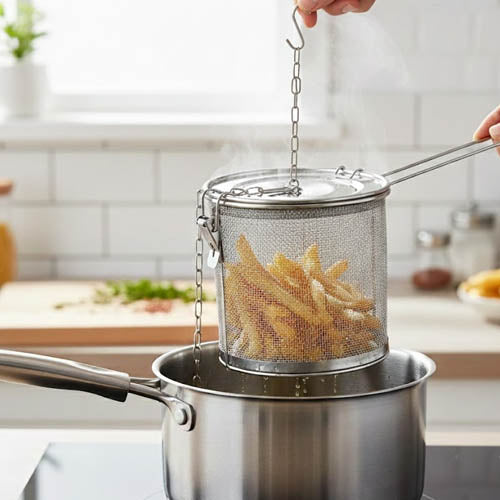 Professional Stainless Steel Deep Fryer Basket | Mesh Cooking Strainer with Hook & Handle | Versatile Frying & Boiling Net
