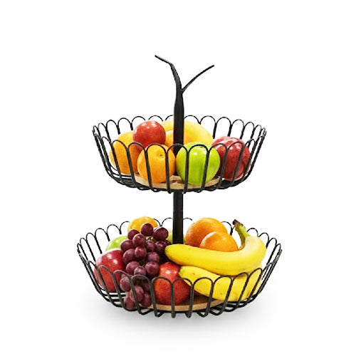2-Tier Metal Wire Fruit Basket with Wooden Base | Farmhouse Countertop Produce Storage Stand