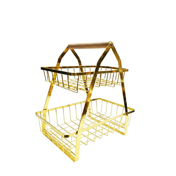 Modern 2-Tier Gold Wire Fruit Basket with Wooden Handle