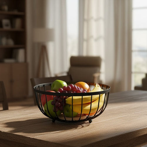 Modern Black Wire Fruit Bowl with Wooden Base