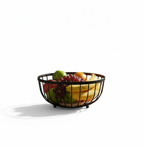 Modern Black Wire Fruit Bowl with Wooden Base
