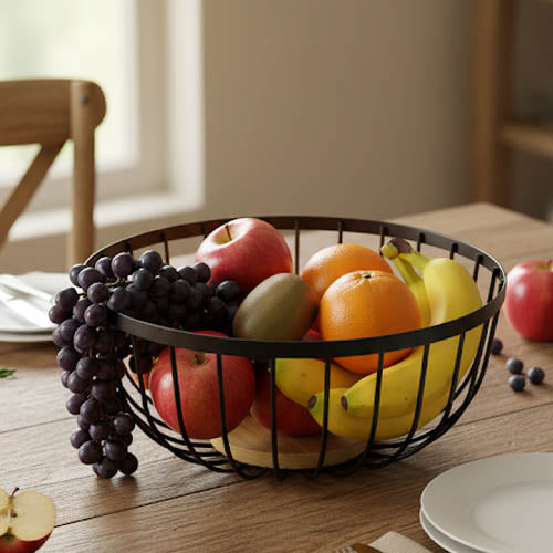 Modern Black Wire Fruit Bowl with Wooden Base