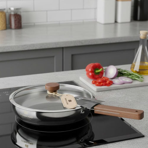 Luxury Heavy Stainless Steel Frypan with Glass Lid 24cm | Induction Ready Frying Pan with Wood-Grain Handle