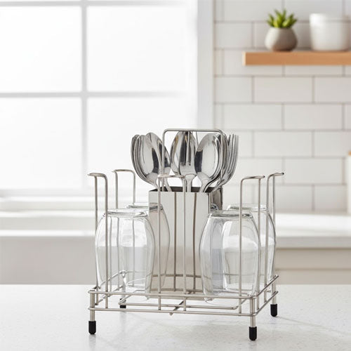 Stainless Steel Glass and Cutlery Stand & Drying Rack