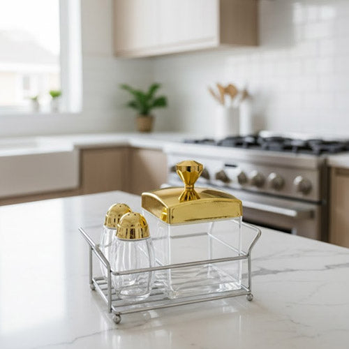 3-Piece Elegant Glass and Gold Cruet & Condiment Set in Chrome Caddy