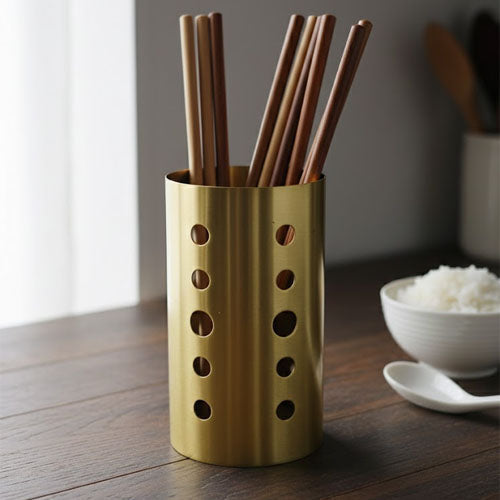 Luxury Gold Stainless Steel Chopstick Holder & Utensil Caddy | Modern Perforated Drying Rack for Spoons & Cutlery