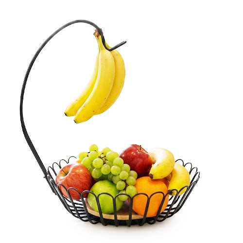 Modern Metal Fruit Basket with Banana Hanger Hook | Countertop Fruit Bowl & Produce Holder