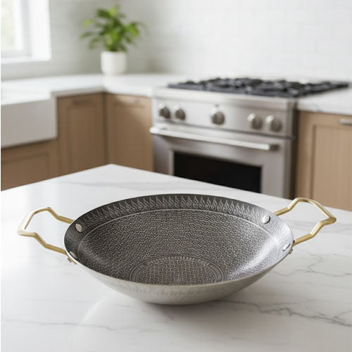 Artisan Deep Karahi with Honeycomb Etching and Gold-Tone Handles