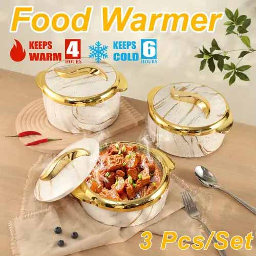 3-Piece Luxury Insulated Hot Pot Set | White Marble & Gold Finish
