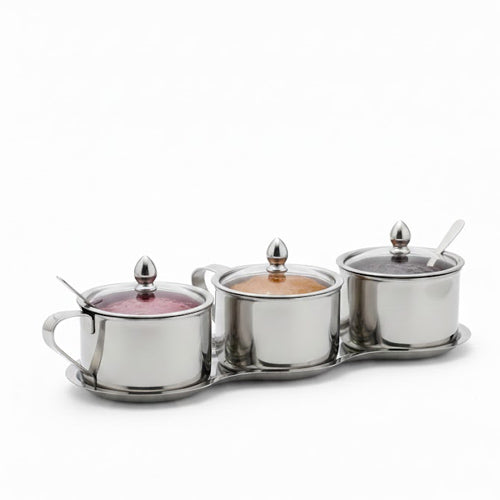 3-Piece Stainless Steel Jam & Sauce Serving Set with Spoons | Luxury Condiment Server & Sugar Jar Caddy | Breakfast Buffet Essential