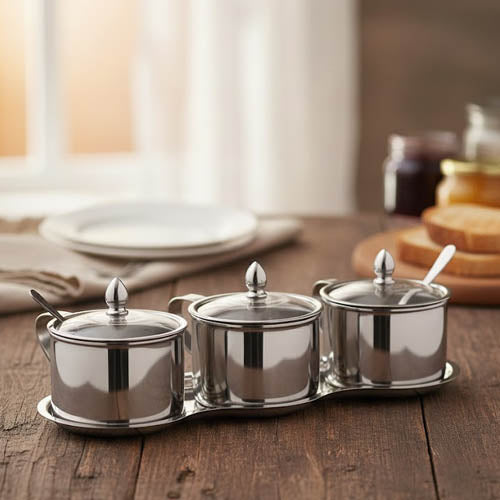 3-Piece Stainless Steel Jam & Sauce Serving Set with Spoons | Luxury Condiment Server & Sugar Jar Caddy | Breakfast Buffet Essential