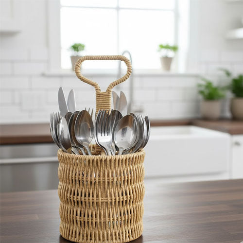 Rustic Woven Rattan/Wicker Cutlery Caddy with Carrying Handle