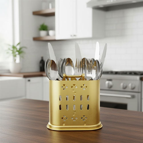 Decorative Metal Cutlery Holder with Heart & Slit Pattern (Gold or Silver)