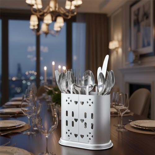 Decorative Metal Cutlery Holder with Heart & Slit Pattern (Gold or Silver)