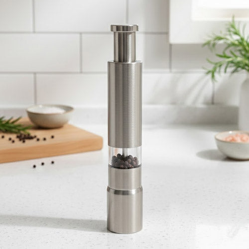 Stainless Steel One-Handed Push Grinder | Manual Pepper Mill & Salt Grinder | Vertical Kitchen Seasoning Tool