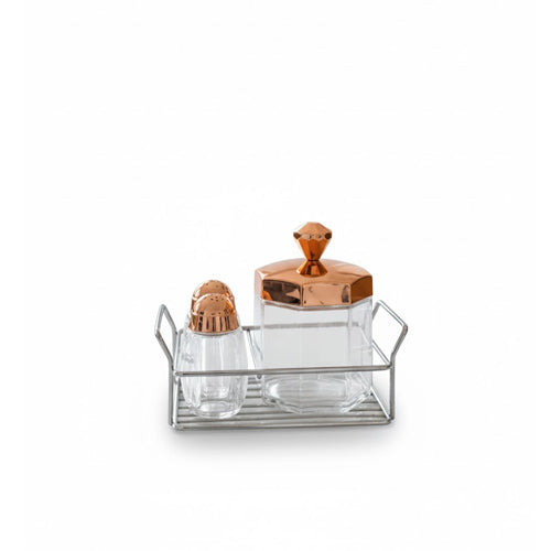 Luxury 3-Piece Spice & Condiment Set with Rose Gold Copper Accents | Glass Curette and Jar Storage