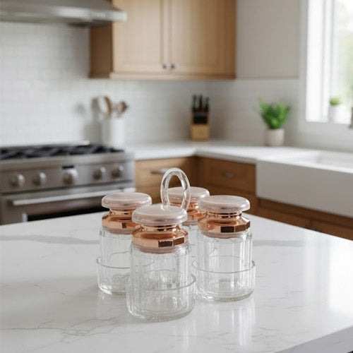 4-Piece Fluted Glass Condiment Jars with Gold Lids and Glass Caddy
