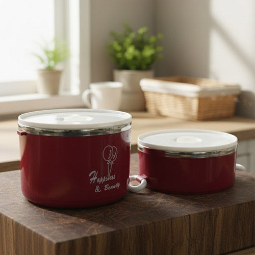 2-Tier Red Insulated Lunch Box | Stackable Thermal Food Container with Clips & Handle