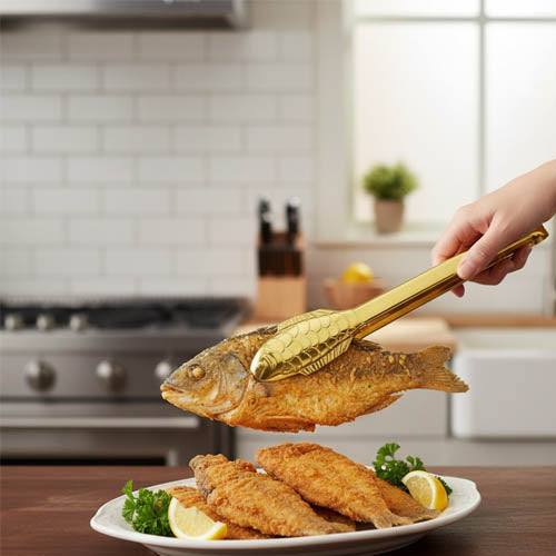 Luxury Gold-Plated Fish Serving Tong | Decorative Steel Kitchen and BBQ Food Clip