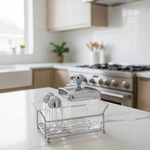 3-Piece Elegant Glass and Gold Cruet & Condiment Set in Chrome Caddy