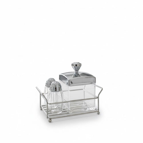 3-Piece Elegant Glass and Gold Cruet & Condiment Set in Chrome Caddy