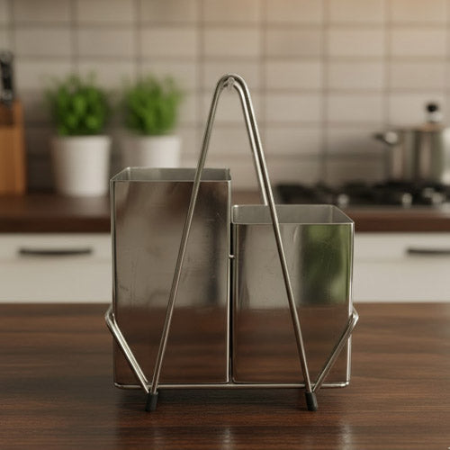 Decorative Stainless Steel Spoon Stand & Utensil Caddy | Elegant Countertop Kitchen Tool Organizer | Polished Metal Cutlery Crock
