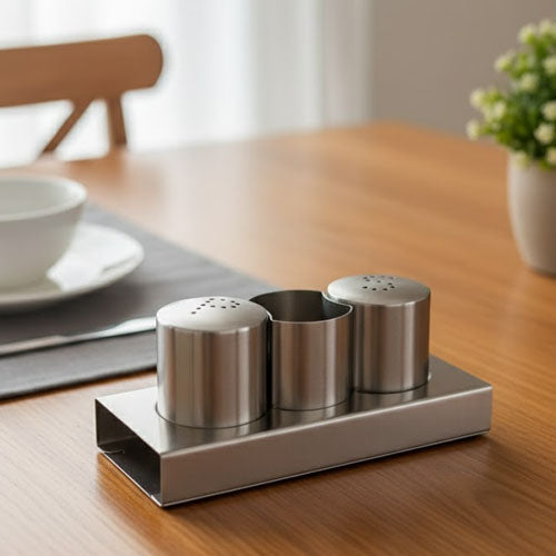 Stainless Steel Salt & Pepper Shaker Set with Caddy | Tabletop Seasoning Organizer & Toothpick Holder | Modern Kitchen Cruet Set
