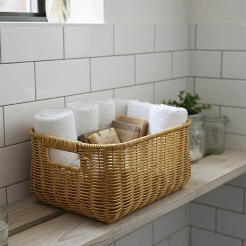Durable Woven Storage Basket with Handles - Rattan Style Organizer for Kitchen, Bathroom & Home