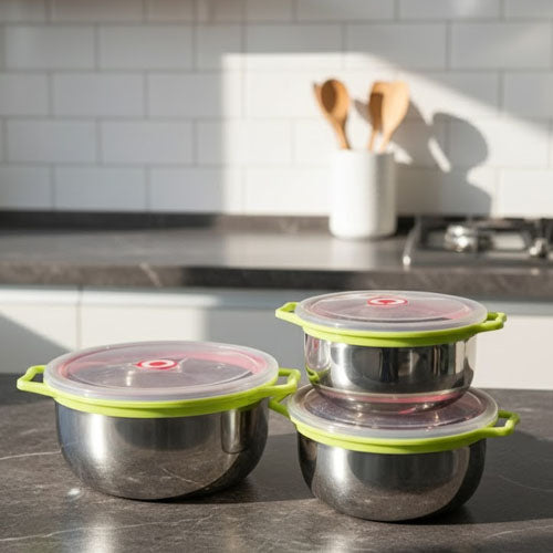 3-Piece Stainless Steel Food Storage Bowls with Airtight Lids – Reusable Metal Meal Prep Container Set