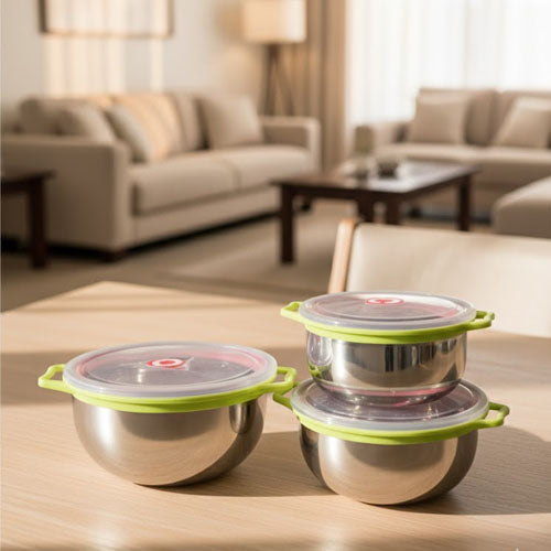 3-Piece Stainless Steel Food Storage Bowls with Airtight Lids – Reusable Metal Meal Prep Container Set