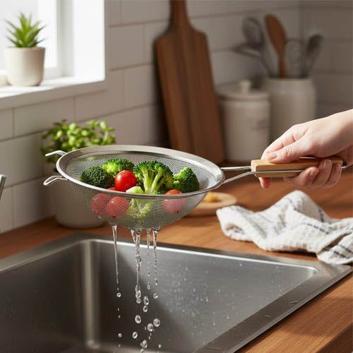 Fine Mesh Stainless Steel Strainer with Wood Handle | Multi-Purpose Kitchen Sieve for Flour, Pasta & Vegetables | Hanging Colander