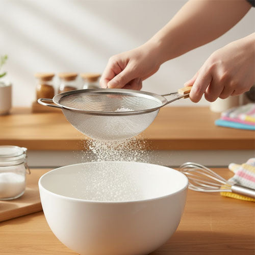 Professional Stainless Steel Fine Mesh Strainer | Wood Handle Kitchen Sieve for Flour, Pasta & Frying | Hands-Free Resting Colander