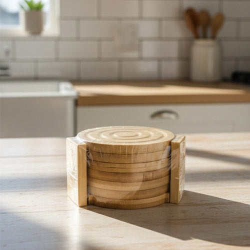 6-Piece Natural Bamboo Wood Coaster Set with Holder – Modern Farmhouse Tea & Coffee Mug Mat