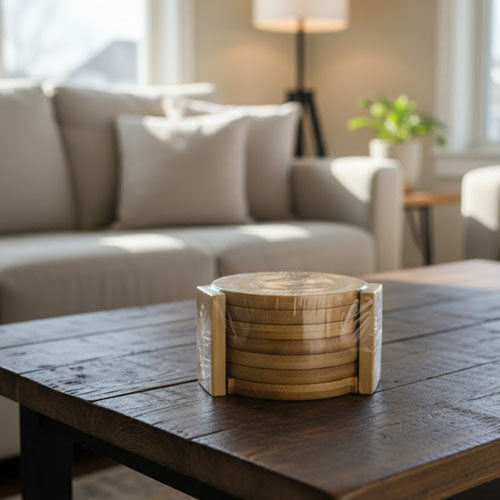 6-Piece Natural Bamboo Wood Coaster Set with Holder – Modern Farmhouse Tea & Coffee Mug Mat