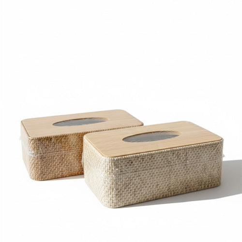 Woven Rattan Style Tissue Box Cover – Natural Wicker Look Rectangular Tissue Holder for Home & Office