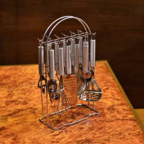 12-Piece Stainless Steel Kitchen Utensil Set with Organizer Rack – Complete Metal Cooking Tool & Gadget Collection