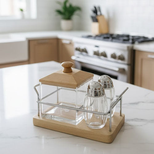 Modern Square Wood & Glass Cruet Set | 3-Piece Tabletop Condiment Server Caddy
